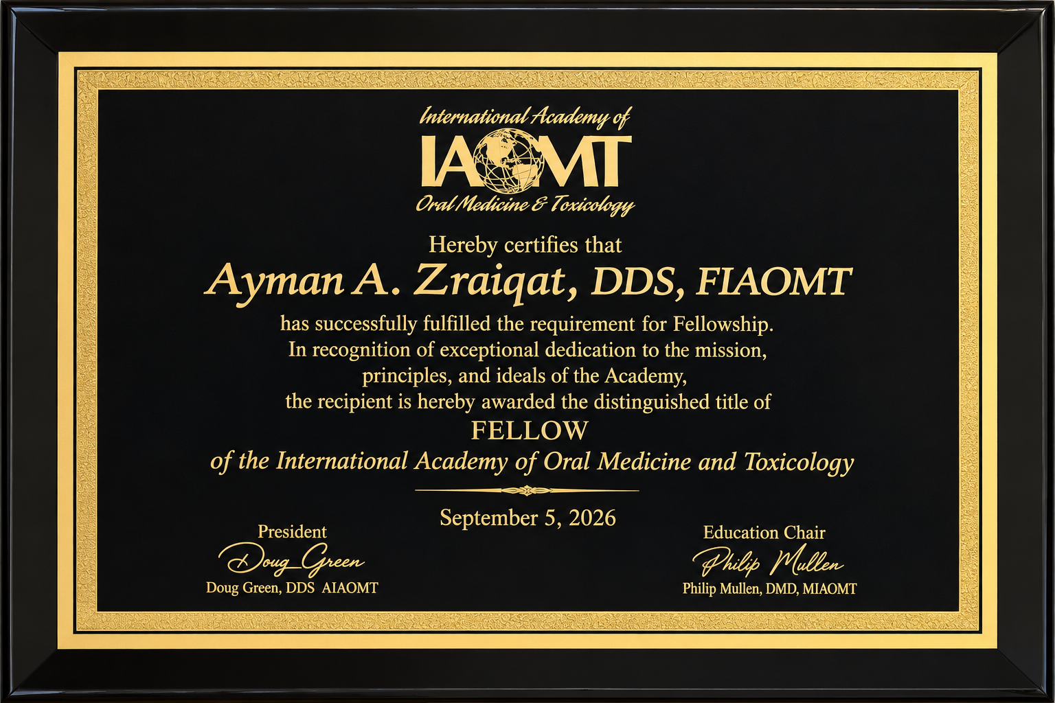 Certificate from the American Board of Integrative Medicine and Dentistry, awarded to Dr. Ayman Ayoub Zraigat for excellence in dental medicine.